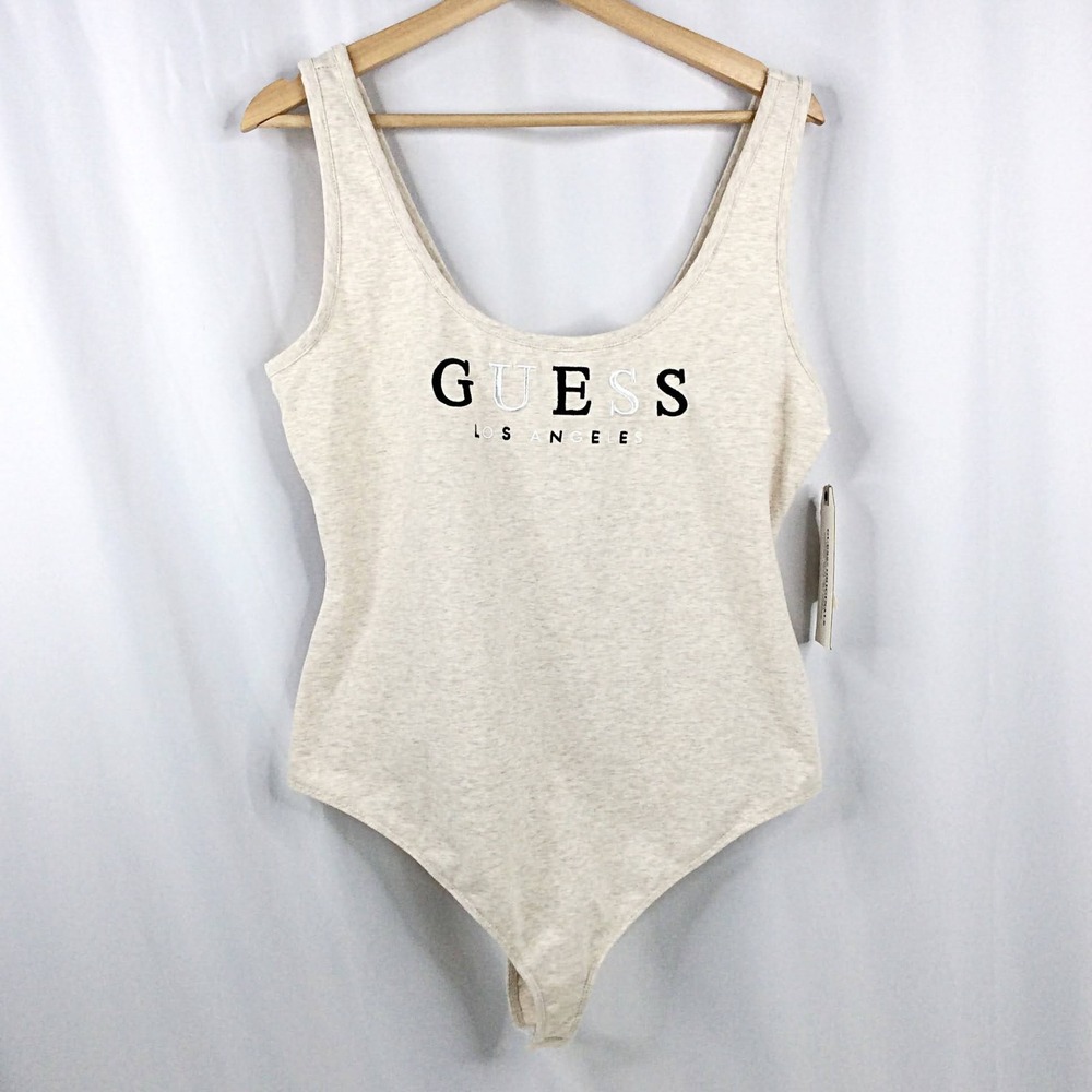 NWT GUESS Embroidered Tank Top Bodysuit Women's Size XL Oatmeal Beige